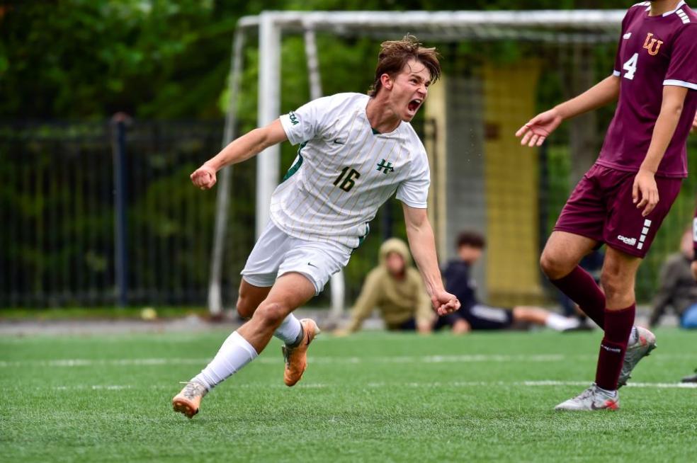 A photo of Cal Poly Humboldt soccer player Duke Romanchak on the field. 