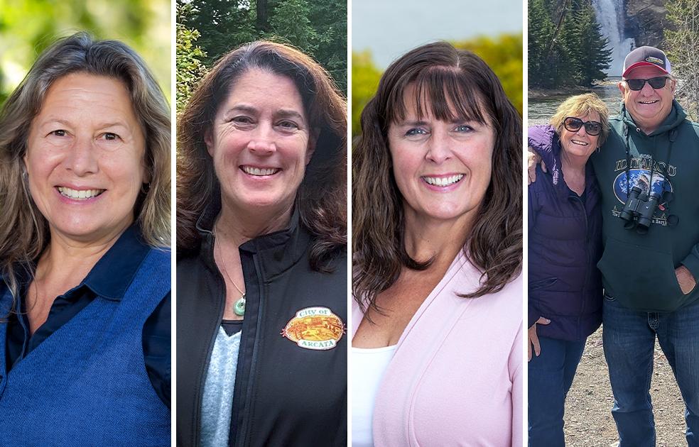 Headshots from left to right: Kellie Jo Brown (official campus photographer), Karen Diemer (City Manager for the City of Arcata); Jenny Harris (president and CEO of American Hydroponics; and Jim and Sharon Redd (business and community leaders) 