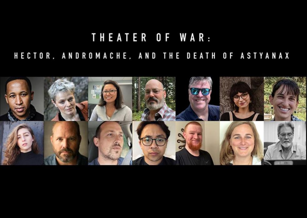 A photo collage of the Theater of War production featuring acclaimed actors from TV and Film. 