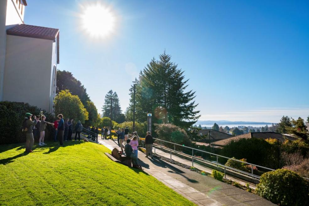 A photo of students looking out on Humboldt Bay after the Dec. 5 earthquake.