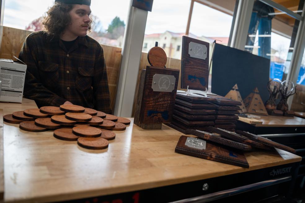 Coasters, made from redwood by members of team Better Luck Next time, will be awarded to particpants who received honorable mentions. Plaques will be awarded to second place winners and feature an engraving of redwoods with Humboldt Bay at the bottom.