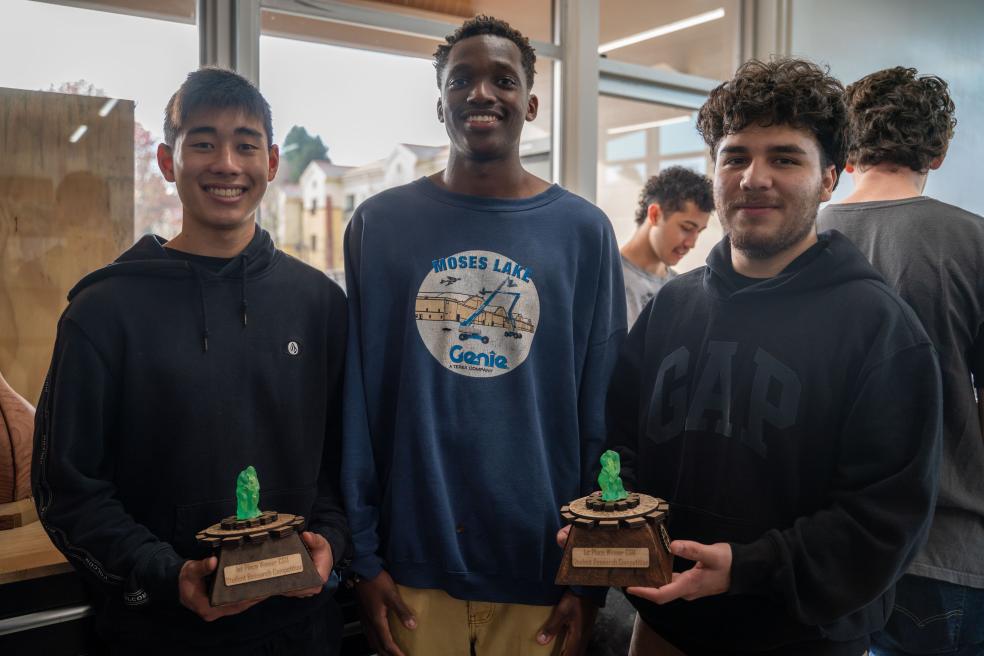 The makers of the Engineering and Computer Science trophies presented their final product at the makerspace in the Swetman building on Dec. 19.