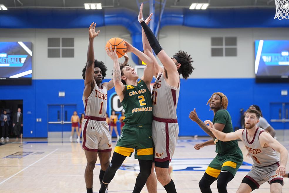 Cal Poly Humboldt and CSU Dominguez Hills players during the CCAA semifinals.