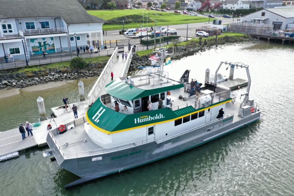 A drone still of the R/V North Wind docked in the Humboldt Bay.