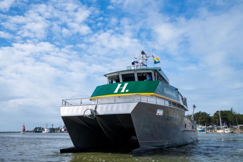 A photo of the R/V North Wind arriving in the Humboldt Bay.