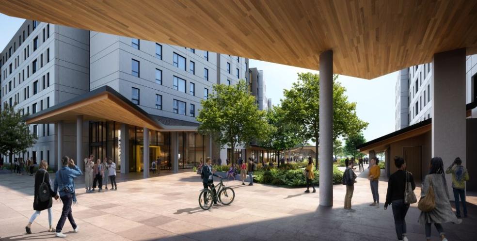 A close-up artistic rendering of the Hinarr Hu Moulik student housing complex.