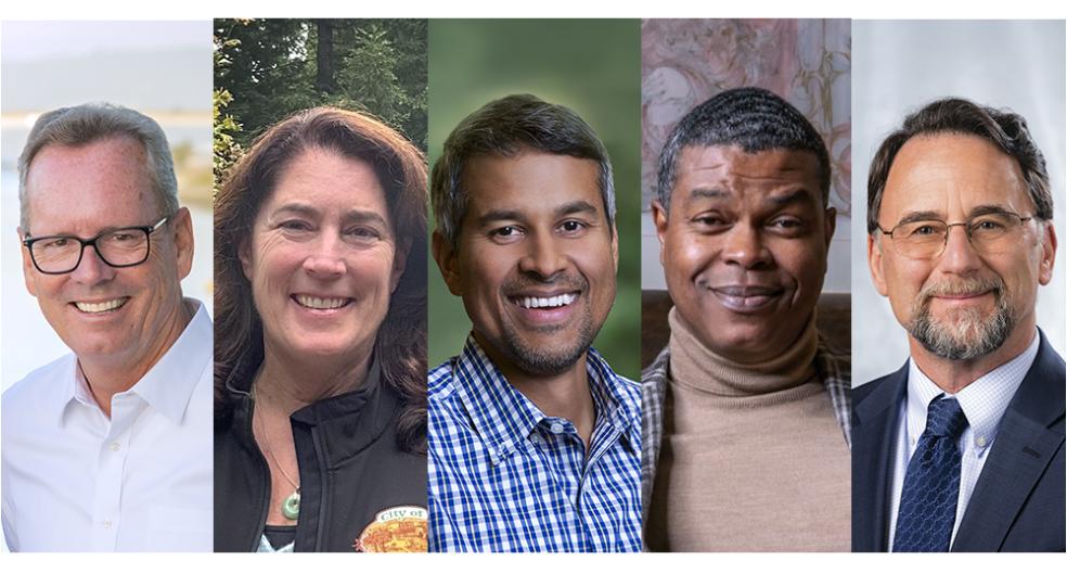A photo collage of John Ballard, Karen Diemer, Anand Gopal, Rakin "Rock" Hall, and Tory Starr, who were named 2025 Distinguished Alumni.