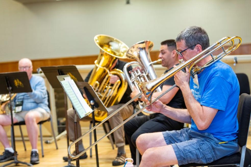 A photo of brass musicians during a workshop at the Brass Music Workshop on campus. 