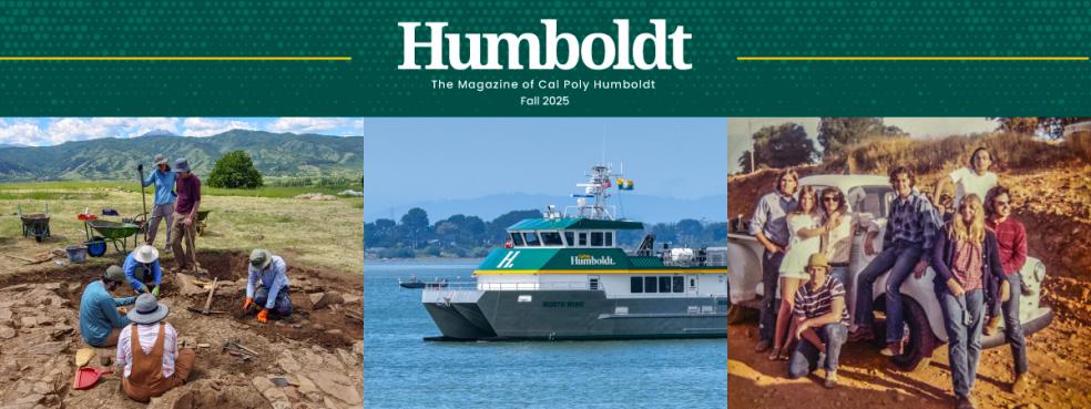 A photo collage of three pictures including (from left to right) anthropologists excavating the hills of North Macedonia, the R/V North Wind out at sea, and a group photo of the Maple Hall alumni group that have shared 50 years of friendship. 