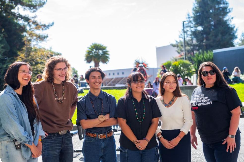 A photo of students and staff on the quad celebrating the kickoff of Indigenous People's Week.