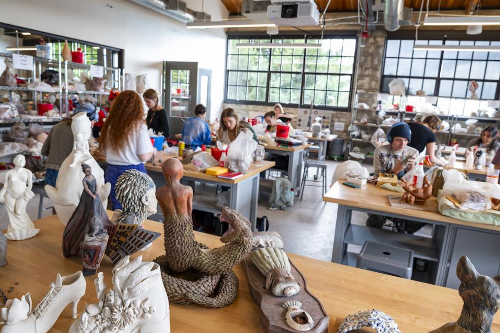 Students in Art 101 and Art 110 classes craft sculptural and ceramic projects inside the newly renovated Jenkins Hall.