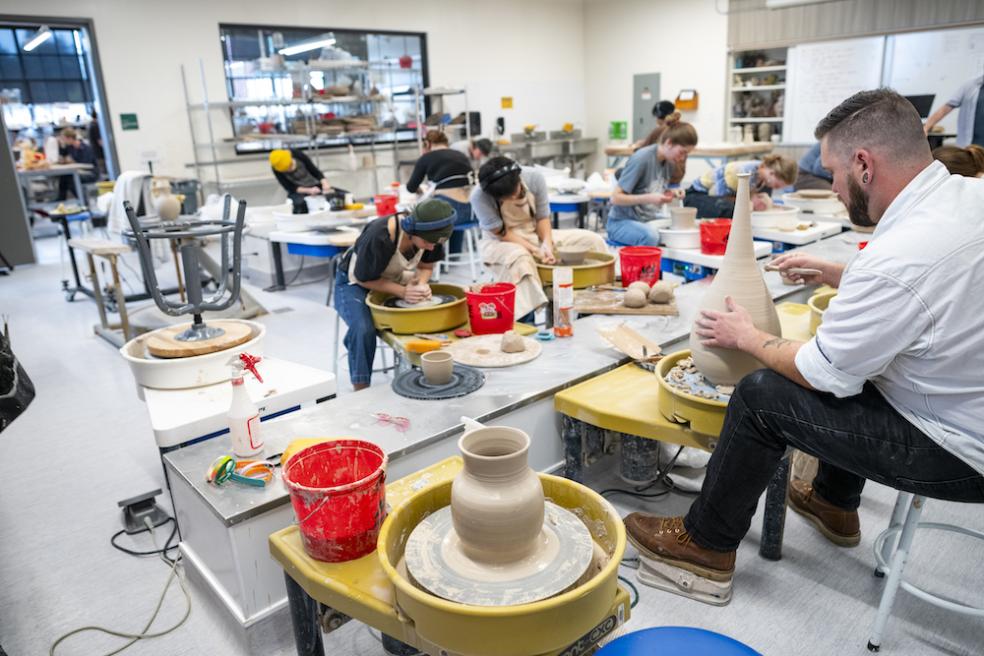 Students in Art 101 and Art 110 classes craft sculptural and ceramic projects inside the newly renovated Jenkins Hall.