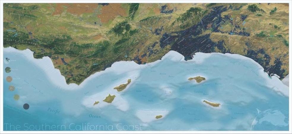  This map of the Southern California Coast earned mulitple first place awards, including at the Cartography and GIS International Map Design Contest. Map by Joan Trejo.