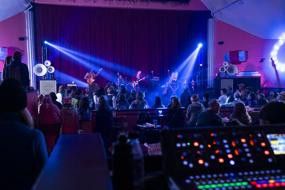 A photo of a band performing at the Arcata Theater Lounge on Cal Poly Humboldt Day Celebration in 2025. 