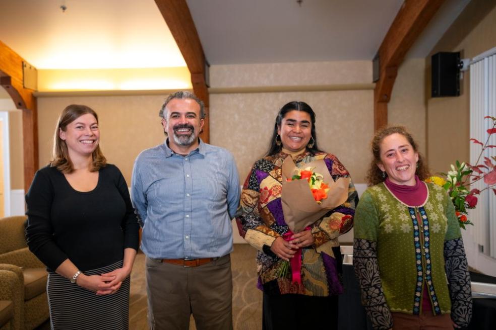 A photo of Allison Bronson, assistant professor of Biological Sciences, Çağlar Dölek, assistant professor of Sociology, Yaneyry Delfin Martinez, graduate student in the Public Sociology program, and  Alana Chin, assistant professor of Biological Sciences.