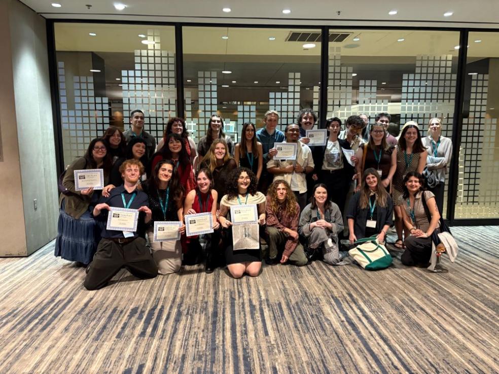 A group photo of Cal Poly Humboldt Journalism students holding their CCMA Journalism awards.