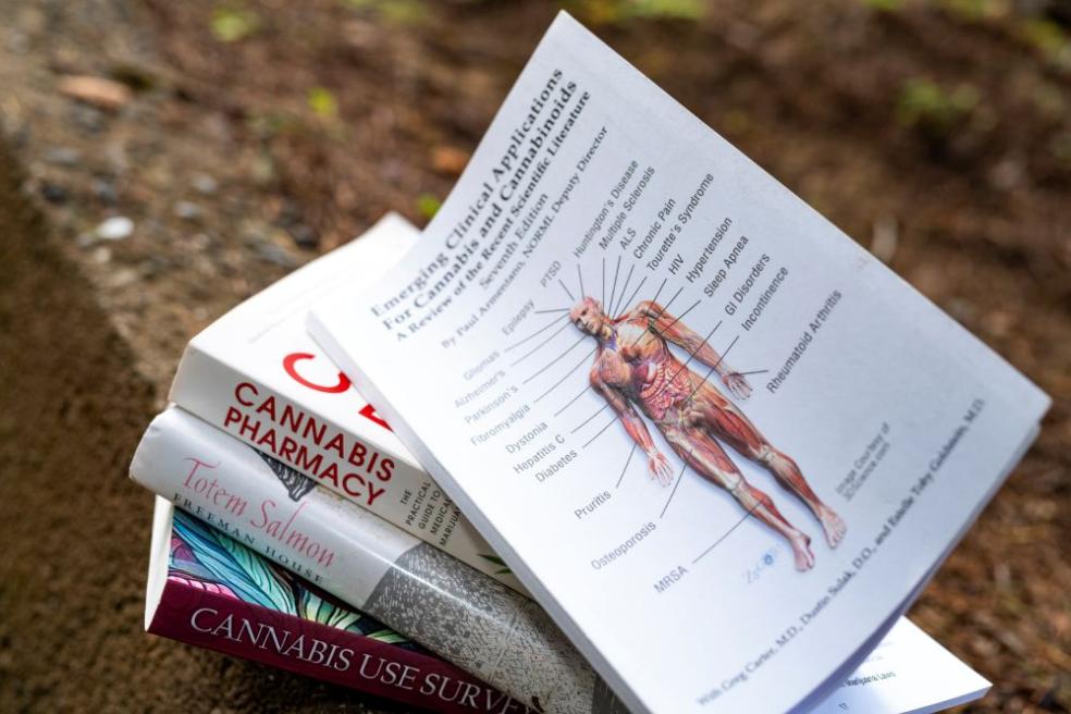 A photo of a stack of Cannabis Studies related books.