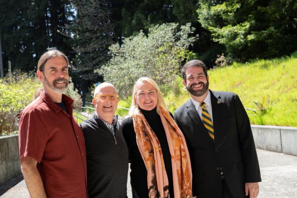 A photo of Sociology Instructor Daniel Mar, Sociology Department Chair Josh Meisel, President of the Campbell Foundation Samantha Campbell, and Cal Poly Humboldt President Richard Carvajal. 