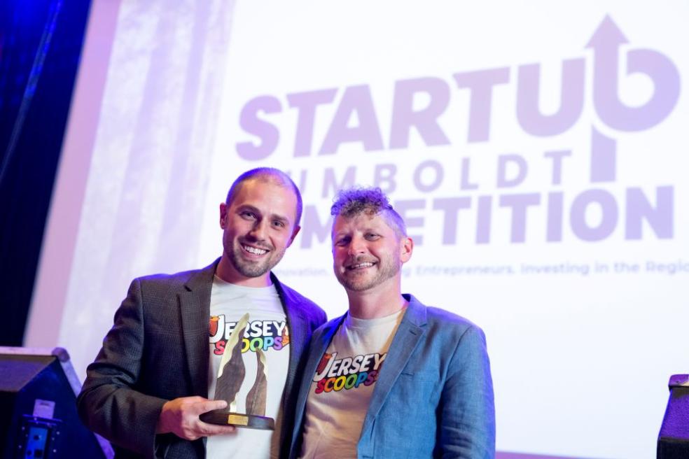 A photo of Jersey Scoops founders Thomas and Cody Nicholson Stratton holding their first place award at the StartUp Humboldt competition. 