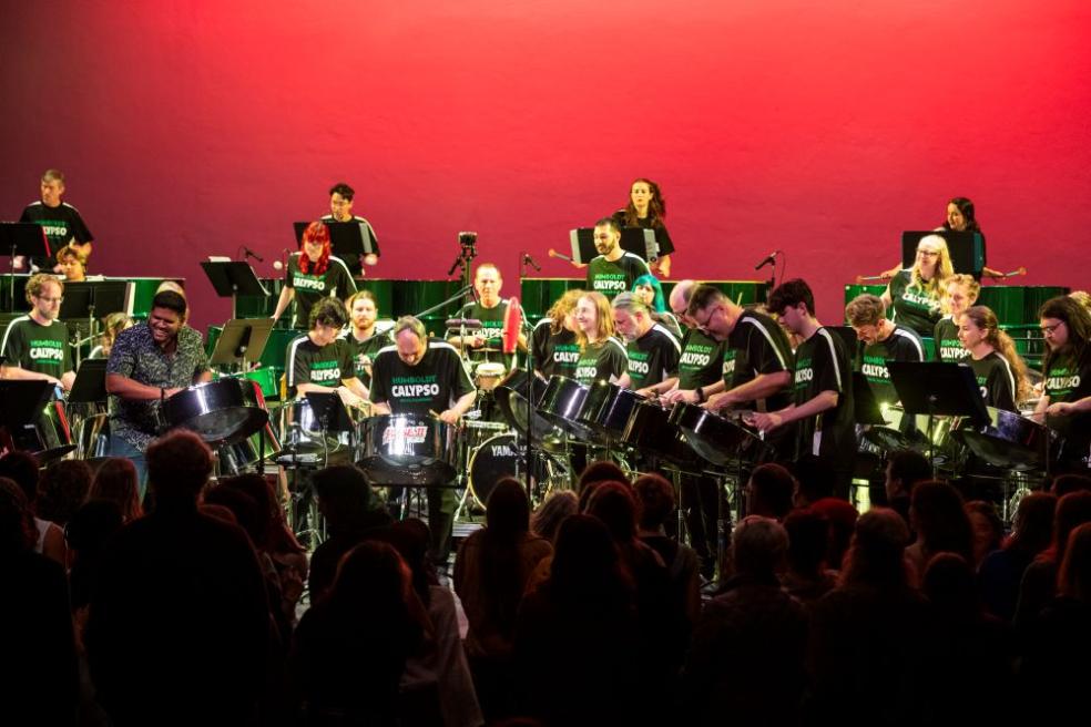 A photo from the Cal Poly Humboldt Calypso Band performance in 2025. 