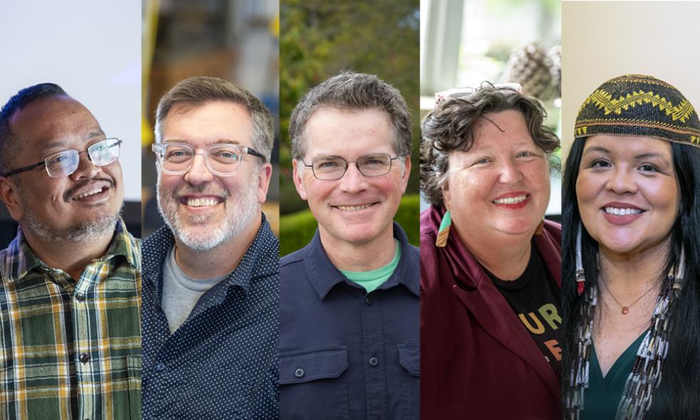 A photo collage of made up of Outstanding Faculty members:  Paul Michael Leonardo Atienza, Paul E. Bourdeau, Brandon L. Browne, AmyK Conley, and Cutcha Risling Baldy are being recognized for their excellence in teaching and scholarship.