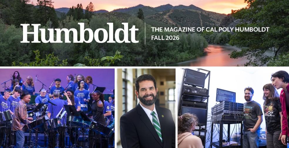 a collage of photos includes a landscape shot of the Klamath river at sunset, President Carvajal, a band onstage, and students looking at a computer. 
