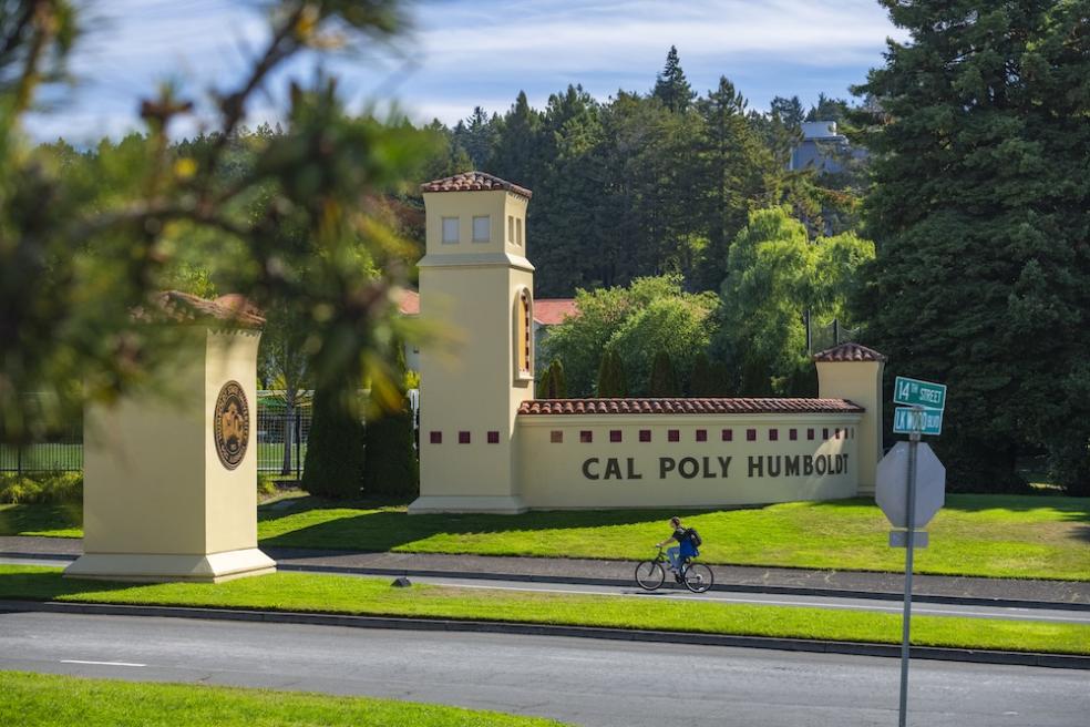 A view of the front gates of the university with greenery all around 