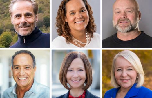 Top row, left to right: Rich Casale (‘75, Natural Resources Management), Heidi Moore-Guynup (‘98, Psychology, ‘00, M.A. Psychology), Drew Petersen (‘91, Physical Education). Bottom row, left to right: Robert Romano (‘95, English, ‘96, M.A. English), Cathy