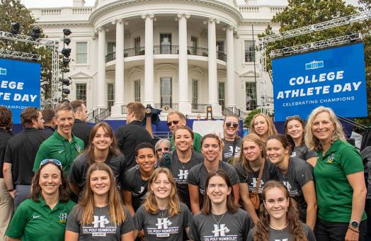 The rowing team celebrates its national championship title at the White House.