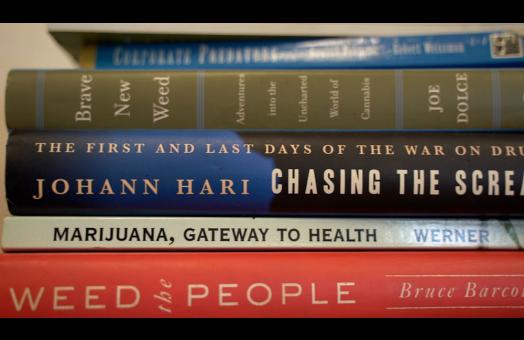 A stack of books about cannabis, including Weed the People, Chasing the Scream and more.