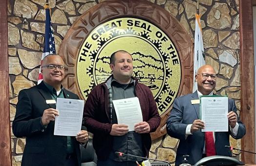 (Left to right) Cal Poly Humboldt President Tom Jackson, Jr., Hoopa Valley Indian Reservation Tribal Chairman Joe Davis, and College of the Redwoods (CR) President Keith Flamer.