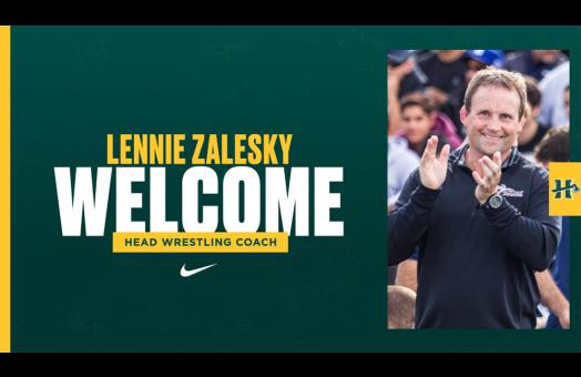 A graphic welcoming Lennie Zalesky as Cal Poly Humboldt's newest wrestling coach that features a photo of Zalesky. 