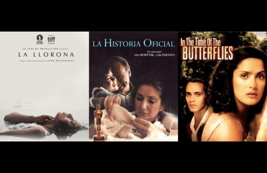 film promos from left to right: a woman's upper body breaches from water, women caresses child's clothing and a man holds a child in the background, and a closeup of a woman with a man in the background. 