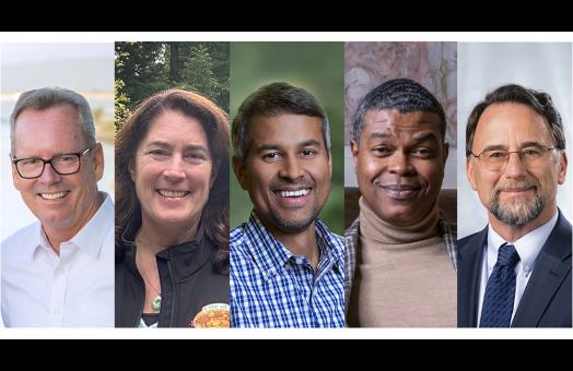 A photo collage of John Ballard, Karen Diemer, Anand Gopal, Rakin "Rock" Hall, and Tory Starr, who were named 2025 Distinguished Alumni.