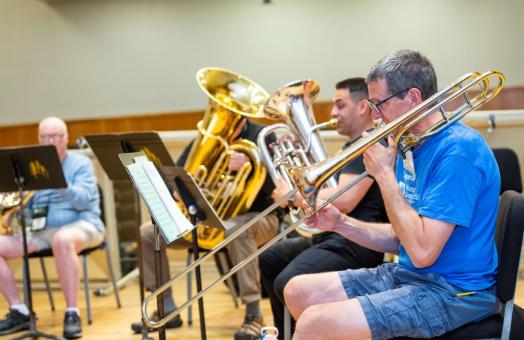 A photo of brass musicians during a workshop at the Brass Music Workshop on campus.
