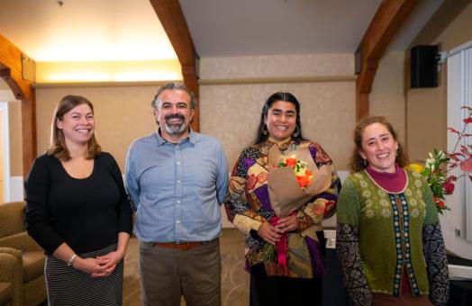 A photo of Allison Bronson, assistant professor of Biological Sciences, Çağlar Dölek, assistant professor of Sociology, Yaneyry Delfin Martinez, graduate student in the Public Sociology program, and  Alana Chin, assistant professor of Biological Sciences.