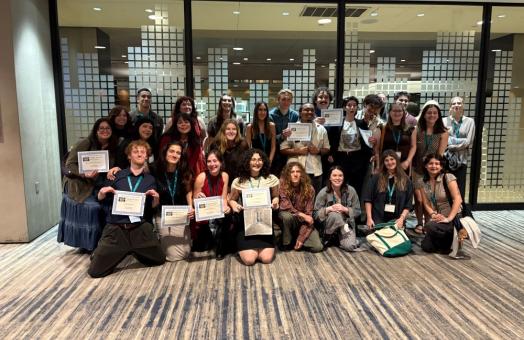 A group photo of Cal Poly Humboldt Journalism students holding their CCMA Journalism awards.