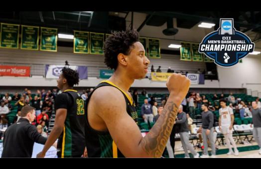 A photo of Cal Poly Humboldt basketball player celebrating their selection to the Division 2 NCAA tournament.