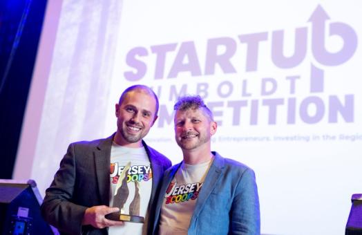 A photo of Jersey Scoops founders Thomas and Cody Nicholson Stratton holding their first place award at the StartUp Humboldt competition. 