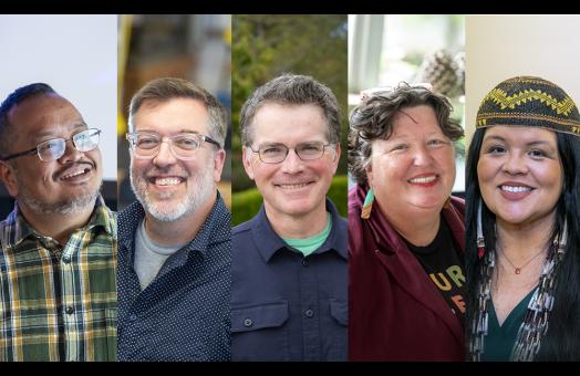 A photo collage of made up of Outstanding Faculty members:  Paul Michael Leonardo Atienza, Paul E. Bourdeau, Brandon L. Browne, AmyK Conley, and Cutcha Risling Baldy are being recognized for their excellence in teaching and scholarship.