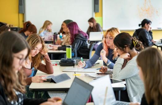 A photo of students studying in a classroom setting. 
