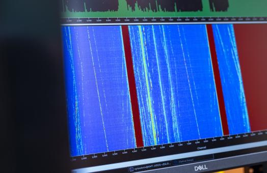  The Distributed Acoustic Sensing interrogator: A Distributed Acoustic Sensing (DAS) system displays vibrations detected along a fiber-optic cable in Arcata, California. Researchers from Cal Poly Humboldt and the USGS are studying how the technology can be used to monitor earthquakes and better understand seismic hazards.