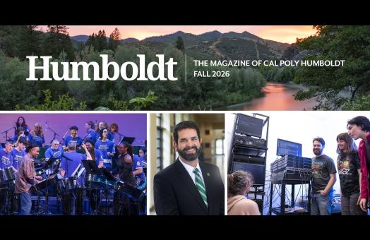 a collage of photos includes a landscape shot of the Klamath river at sunset, President Carvajal, a band onstage, and students looking at a computer. 