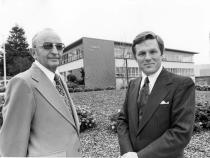 Presidents Cornelius Siemens and Alistair McCrone at the dedication of Siemens Hall, which was built during Dr. McCrone’s tenure.