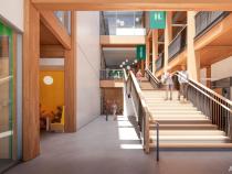 Rather than being made of steel, the beams are mass timber sourced from the Pacific Northwest. This will be the University's first mass timber building.