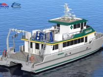 Rendering of Cal Poly Humboldt's new research vessel (aft view). (Courtesy of All American Marine)