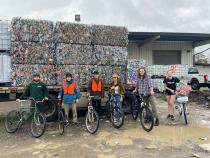 Students from Zero Waste took a bicycle ride to check out local waste reduction businesses and organizations. Pictured here are participants at the Hambro recycling facility in Arcata.