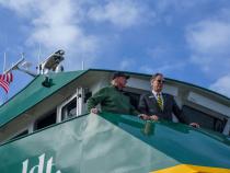 A photo of College of Natural Resources &amp;amp; Sciences Dean Eric Riggs and Cal Poly Humboldt Interim President Michael Spagna aboard the R/V North Wind.