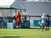 A photo of Robert Prince and a Miami Dolphins player jumping in celebration.