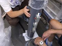 The Humboldt Chemistry Trace Metal Team used GoFlo bottles, seen here, to collect seawater samples at different depths and at different times of the day. Photo from Claire Till.